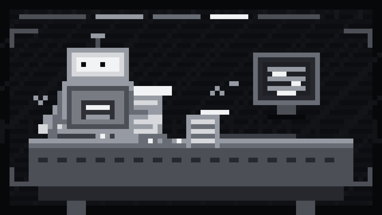 Monochrome pixel-art illustration of an AI robot reviewing a desk full of documents and trademark files.